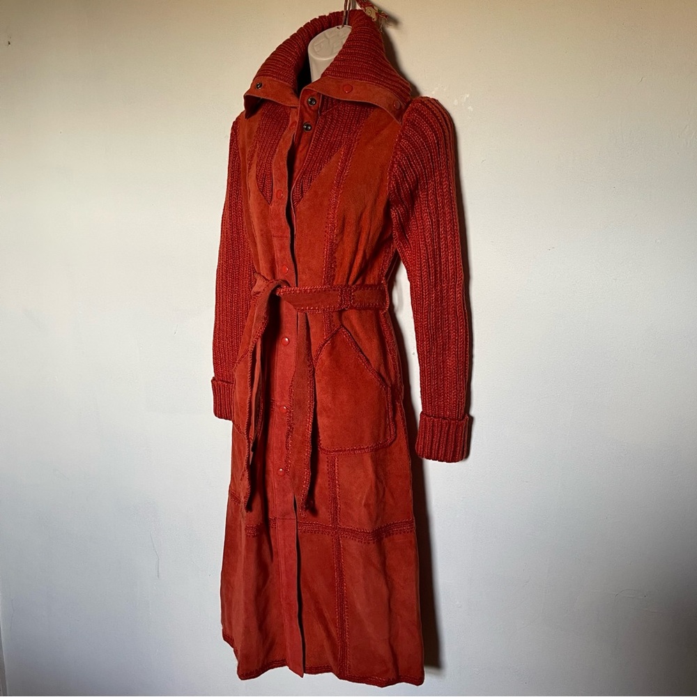 Long Orange suede Coat with Wide Lapel and Suede belt
